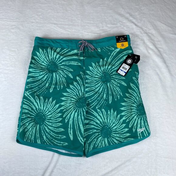 Speedo E-Board Swim Shorts Mens XL Green Floral Print Mesh Liner Stretch UPF 50+ - Picture 1 of 5